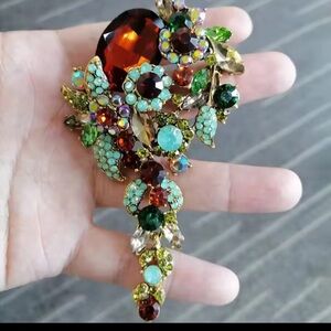 Multicolor Crystal Floral Statement Brooch - Turquoise, Emerald & Amber 4”